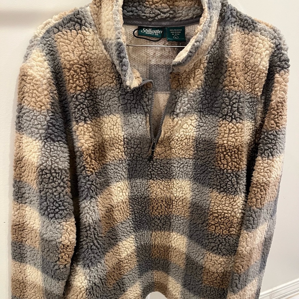 Women's Plaid Sherpa Sweatshirt - Gray and Tan
